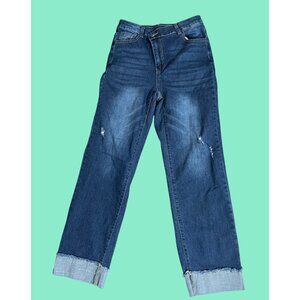High-Waisted Distressed Cuffed Hem Jeans With crossover zip and button closure